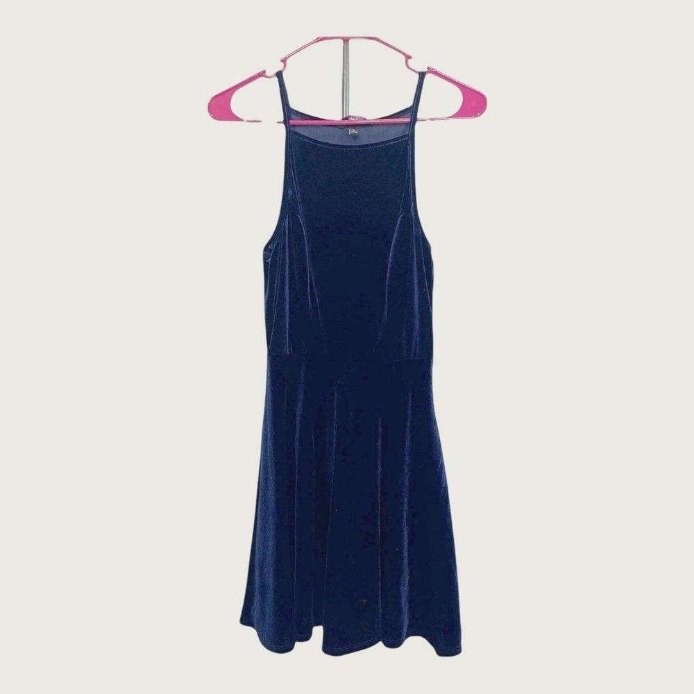 Speechless Navy Blue Velvet Skater Dress High Neck Spaghetti Strap Small D73821
